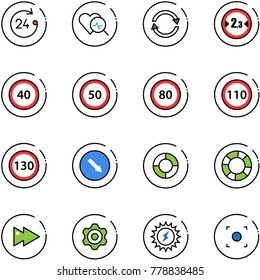 line vector icon set - 24 hours vector, heart diagnosis, exchange, limited width road sign, speed limit 40, 50, 80, 110, 130, detour, lifebuoy, fast forward, gear, sun power, record button