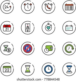 line vector icon set - 24 hours vector, alarm clock, phone, schedule, 31 dec calendar, christmas mobile, stopwatch heart, account history, no parking even road sign, wallet time, around, sand