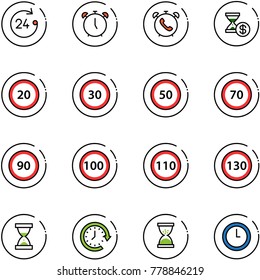line vector icon set - 24 hours vector, alarm clock, phone, account history, speed limit 20 road sign, 30, 50, 70, 90, 100, 110, 130, sand, around