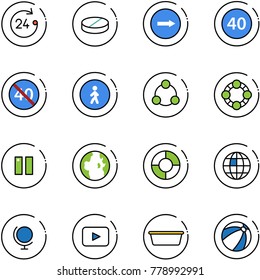 line vector icon set - 24 hours vector, pill, only right road sign, minimal speed limit, end, pedestrian way, social, friends, pause, globe, circle chart, playback, basin, beach ball