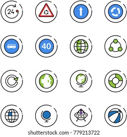 line vector icon set - 24 hours vector, round motion road sign, only forward, circle, bus, minimal speed limit, globe, social, reload, chart, ufo toy, beach ball