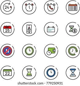 line vector icon set - 24 hours vector, alarm clock, phone, schedule, 25 dec calendar, christmas mobile, account history, no parking even road sign, time, wallet, around, sand