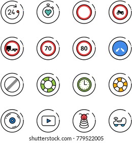 line vector icon set - 24 hours vector, stopwatch heart, prohibition road sign, no moto, trailer, speed limit 70, 80, detour, lifebuoy, time, cd, playback, pyramid toy, baby car