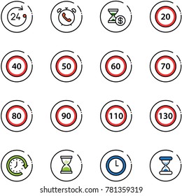 line vector icon set - 24 hours vector, phone alarm, account history, speed limit 20 road sign, 40, 50, 60, 70, 80, 90, 110, 130, clock around, sand