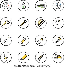 line vector icon set - 24 hours vector, money bag, brick wall, casting of steel, axe, sledgehammer, trowel, measuring tape, chisel, wrench, bolt cutter, screw, winch, work knife, gun sealant