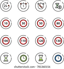 line vector icon set - 24 hours vector, alarm clock, phone, account history, speed limit 10 road sign, 30, 50, 80, 100, 110, 120, 130, sand, time