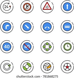 line vector icon set - 24 hours vector, no mobile sign, round motion road, only forward, right, detour, bus, minimal speed limit, end, friends, time, reload, circle chart, volleyball, soccer ball