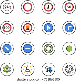 line vector icon set - 24 hours vector, prohibition road sign, no pedestrian, speed limit 50, 100, dangerous cargo, only forward right, detour, lifebuoy, record, gear, star man, up down arrows