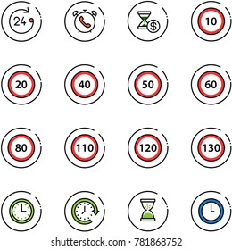 line vector icon set - 24 hours vector, phone alarm, account history, speed limit 10 road sign, 20, 40, 50, 60, 80, 110, 120, 130, time, clock around, sand