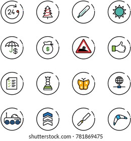line vector icon set - 24 hours vector, christmas tree, thermometer, sun, insurance, money bag, steep roadside road sign, like, list, chess queen, butterfly, globe, moon rover, chevron, rasp