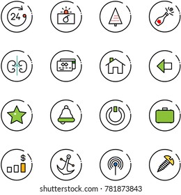 line vector icon set - 24 hours vector, terrorism, christmas tree, champagne, kidneys, credit card, home, left arrow, star, bell, standby, case, dollar chart, anchor, antenna, screw