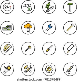 line vector icon set - 24 hours vector, encashment, career, work, brick wall, cloud ladder, wrench, mason hammer, trowel, screw, clinch, metal hacksaw, Angular grinder, gear, gun sealant