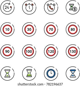 line vector icon set - 24 hours vector, alarm clock, phone, account history, speed limit 10 road sign, 30, 70, 80, 90, 100, 120, 130, sand
