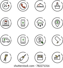 line vector icon set - 24 hours vector, phone, client bell, recieptionist, officer window, mobile payment, money rain, dollar pin, encashment car, click, fretsaw, plumber, screwdriver, tool box
