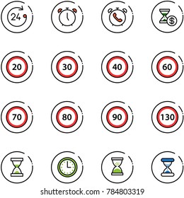 line vector icon set - 24 hours vector, alarm clock, phone, account history, speed limit 20 road sign, 30, 40, 60, 70, 80, 90, 130, sand, time