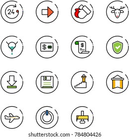 line vector icon set - 24 hours vector, right arrow, gloves, christmas deer, bladder, credit card, account history, shield check, download, save, success, pennant, plane, standby button