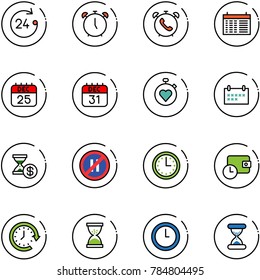line vector icon set - 24 hours vector, alarm clock, phone, schedule, 25 dec calendar, 31, stopwatch heart, account history, no parking even road sign, time, wallet, around, sand
