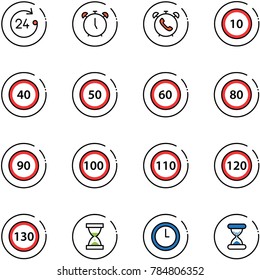 line vector icon set - 24 hours vector, alarm clock, phone, speed limit 10 road sign, 40, 50, 60, 80, 90, 100, 110, 120, 130, sand