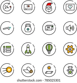 line vector icon set - 24 hours vector, credit card, santa claus, first aid kit, push ups, weight, volume max, menu, rocket, air balloon, money managemet, satellite, mat, bear toy