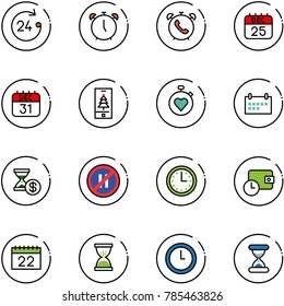 line vector icon set - 24 hours vector, alarm clock, phone, 25 dec calendar, 31, christmas mobile, stopwatch heart, schedule, account history, no parking even road sign, time, wallet, sand
