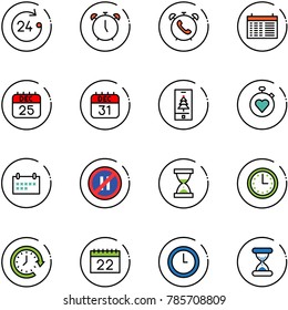 line vector icon set - 24 hours vector, alarm clock, phone, schedule, 25 dec calendar, 31, christmas mobile, stopwatch heart, no parking even road sign, sand, time, around
