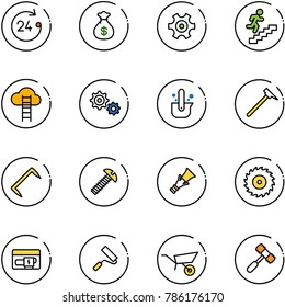 line vector icon set - 24 hours vector, money bag, gear, career, cloud ladder, casting of steel, mason hammer, staple, screw, dowel, saw disk, generator, paint roller, wheelbarrow, toy