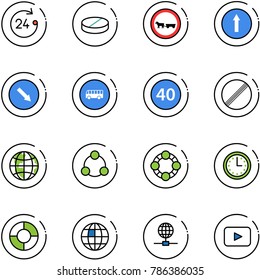 line vector icon set - 24 hours vector, pill, no cart horse road sign, only forward, detour, bus, minimal speed limit, globe, social, friends, time, circle chart, playback