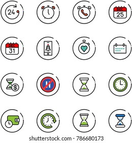 line vector icon set - 24 hours vector, alarm clock, phone, 25 dec calendar, 31, christmas mobile, stopwatch heart, schedule, account history, no parking even road sign, sand, time, wallet, around