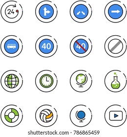 line vector icon set - 24 hours vector, only forward right road sign, detour, bus, minimal speed limit, end, no, globe, time, round flask, circle chart, volleyball, playback
