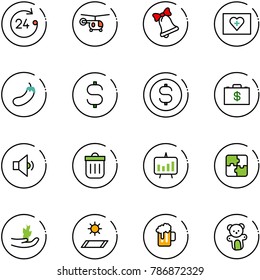 line vector icon set - 24 hours vector, helicopter, bell, first aid kit, eggplant, dollar sign, coin, money case, low volume, trash bin, presentation chart, puzzle, hand sproute, mat, beer, bear toy