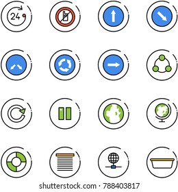 line vector icon set - 24 hours vector, no mobile sign, only forward road, detour, circle, right, social, reload, pause, globe, chart, jalousie, basin