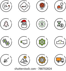 line vector icon set - 24 hours vector, smoking area sign, globe, baggage scales, christmas tree, santa claus, dollar sun, account history, gear, loudspeaker, pedestal, key, pyramid, hand wheel