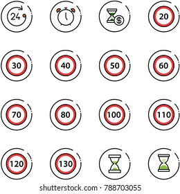 line vector icon set - 24 hours vector, alarm clock, account history, speed limit 20 road sign, 30, 40, 50, 60, 70, 80, 100, 110, 120, 130, sand