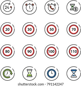 line vector icon set - 24 hours vector, alarm clock, phone, account history, speed limit 20 road sign, 30, 50, 70, 80, 90, 100, 110, around, sand