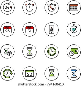 line vector icon set - 24 hours vector, alarm clock, phone, schedule, 25 dec calendar, 31, christmas mobile, stopwatch heart, account history, sand, time, wallet, around