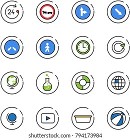 line vector icon set - 24 hours vector, no cart horse road sign, only forward right, detour, pedestrian way, time, reload, globe, round flask, circle chart, playback, basin, beach ball