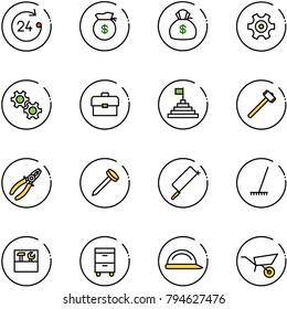 line vector icon set - 24 hours vector, money bag, gear, portfolio, pyramid flag, sledgehammer, pliers, nail, metal hacksaw, rake, tool box, cabinet, construction helmet, wheelbarrow
