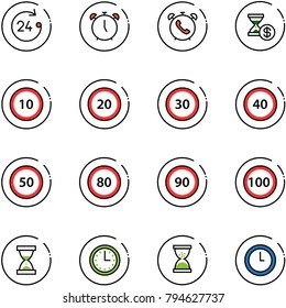 line vector icon set - 24 hours vector, alarm clock, phone, account history, speed limit 10 road sign, 20, 30, 40, 50, 80, 90, 100, sand, time