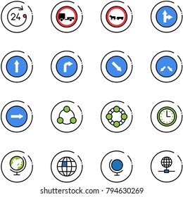 line vector icon set - 24 hours vector, no trailer road sign, cart horse, only forward right, detour, social, friends, time, globe