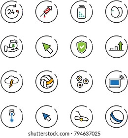 line vector icon set - 24 hours vector, firework rocket, pills bottle, eggs, investment, cursor, shield check, growth arrow, storm, volleyball, flower, notebook wi fi, laser, lawn mower, ball