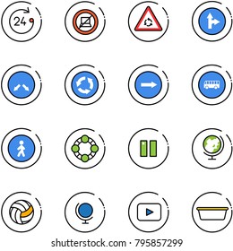 line vector icon set - 24 hours vector, no computer sign, round motion road, only forward right, detour, circle, bus, pedestrian way, friends, pause, globe, volleyball, playback, basin