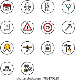 line vector icon set - 25 dec calendar vector, cake man, christmas mobile, bladder, annual report, intersection road sign, speed limit 70, job, gold medal, opening, passport, ship bell, conveyor