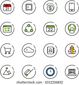 line vector icon set - 31 dec calendar vector, safe, money back, phone, website, social, man globe, cart, cloud, contact book, arrows up, mountain, suitcase, clock, abacus