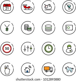 Line Vector Icon Set - 31 Dec Calendar Vector, Sleigh, Turkey, No Alcohol Sign, Yen, Coin, Safe, Speed Limit 50 Road, Settings, Time, Manager, Victory, Wireless Home, Truck Toy, Horse