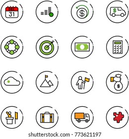 line vector icon set - 31 dec calendar vector, coin, money back, encashment car, friends, target, calculator, cloud, mountain, win, rich, speaker, suitcase, truck toy, puzzle