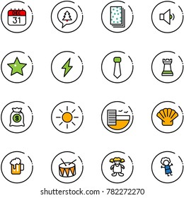 line vector icon set - 31 dec calendar vector, merry christmas message, breads, low volume, star, lightning, tie, chess tower, money bag, sun, hotel, shell, beer, drum, doll