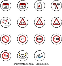 line vector icon set - 31 dec calendar vector, christmas, star postcard, santa stick, sale, side wind road sign, narrows, rough, prohibition, speed limit 70, 100, 110, no truck overtake, sharpening