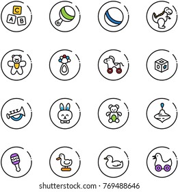 line vector icon set - abc cube vector, beanbag, ball, dinosaur toy, bear, wheel horse, horn, rabbit, wirligig, duck