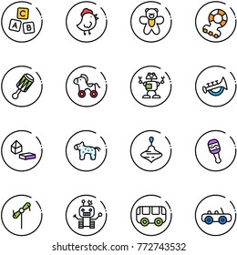 line vector icon set - abc cube vector, chicken toy, bear, teethers, beanbag, wheel horse, robot, horn, constructor blocks, wirligig, windmill, bus, car