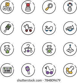 line vector icon set - abc cube vector, pyramid toy, beanbag, wheel horse, baby car, horn, bear, carousel, wirligig, piano, duck, soother